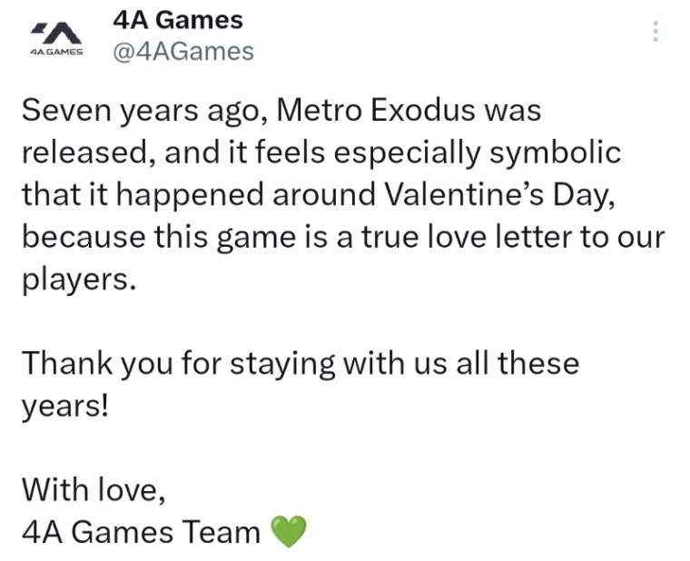 Metro Exodus исполнилось 7 лет: 4A Games тепло благодарит фанатов