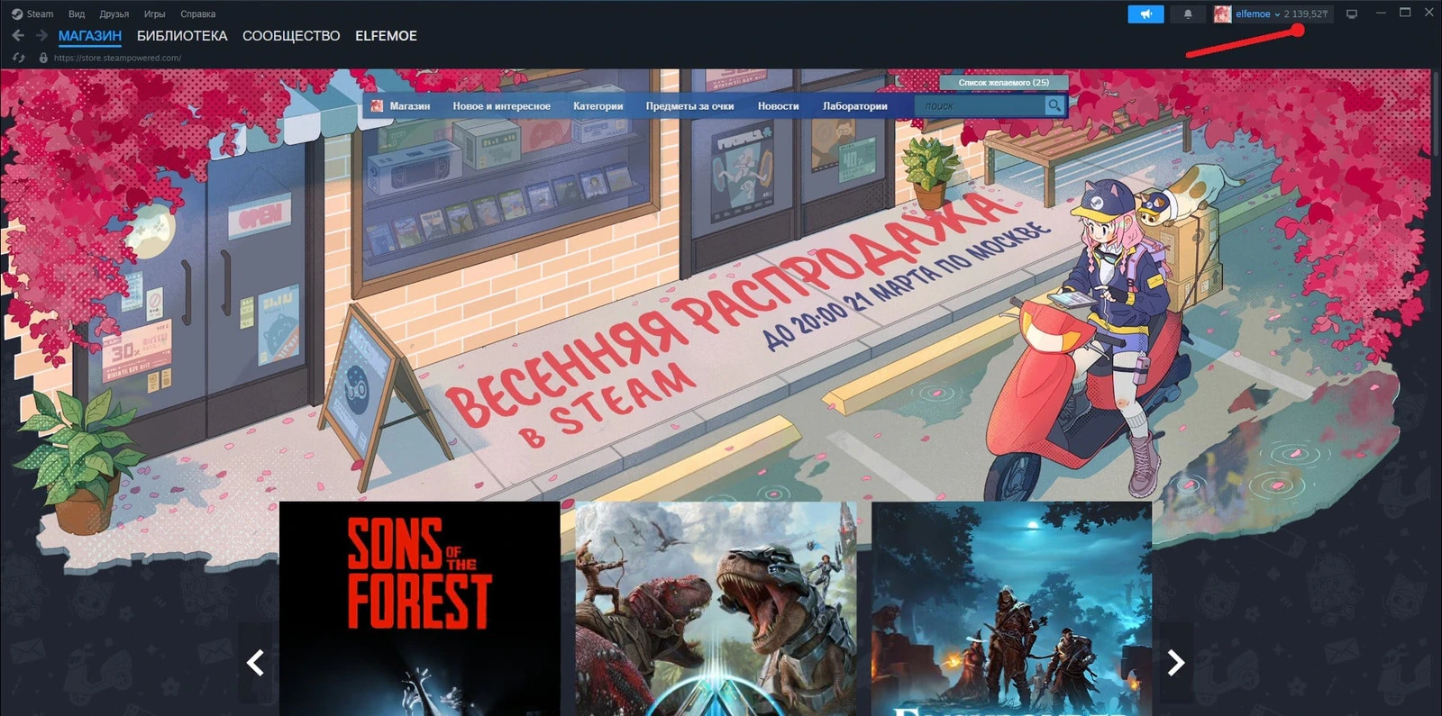 Баланс кошелька в правом верхнем углу клиента Steam