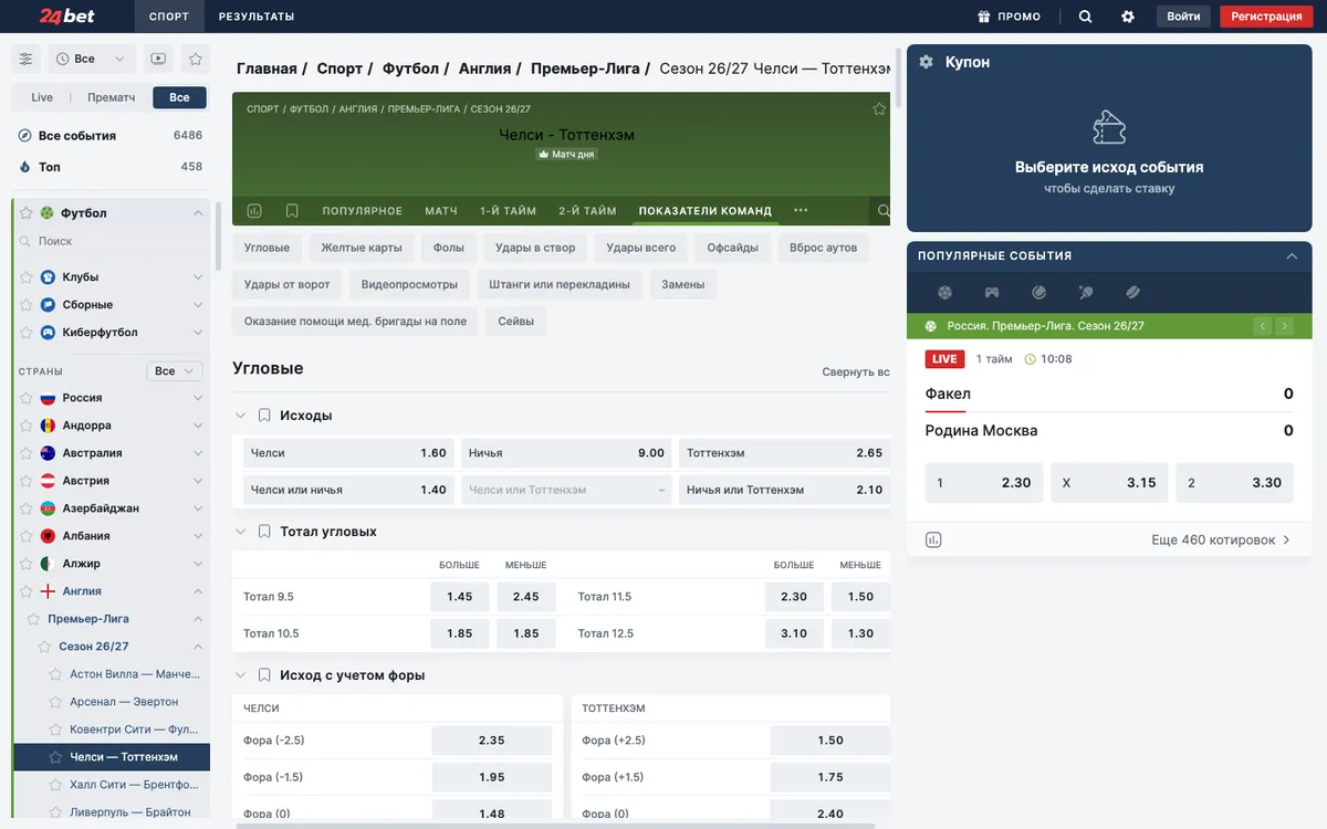 Роспись матча Челси и Тоттенхэм в 24bet, вкладка «Показатели команд»: угловые, карточки, фолы, удары, офсайды, сейвы