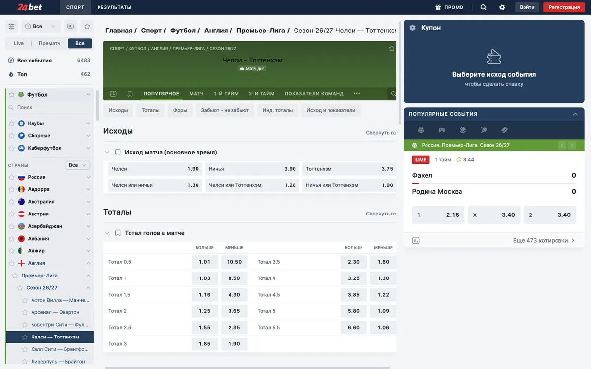 Карточка матча Челси и Тоттенхэм на 24bet.ru: исходы и тоталы, справа пустой купон «Выберите исход события»