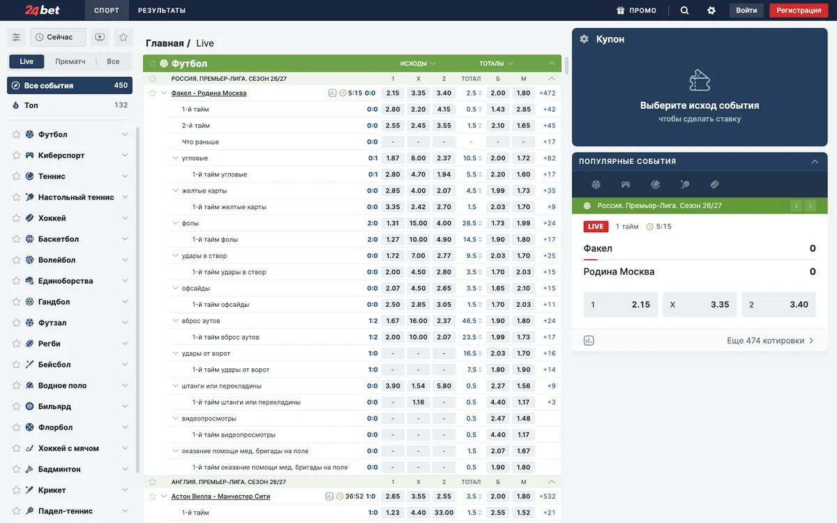 Раздел Live на 24bet.ru: 450 событий, футбол первым, у матча РПЛ строки на угловые, карточки, фолы и удары в створ
