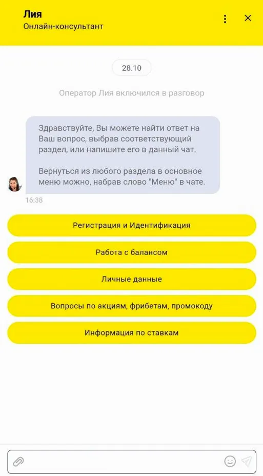 Окно онлайн-чата BetBoom: приветствие оператора и кнопки разделов «Регистрация и Идентификация», «Работа с балансом», «Личные данные»