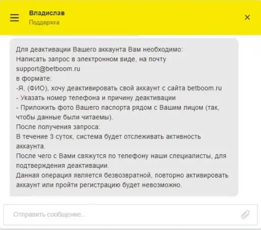 Ответ чата поддержки BetBoom о деактивации аккаунта: запрос на support@betboom.ru с ФИО, телефоном, причиной и фото паспорта рядом с лицом