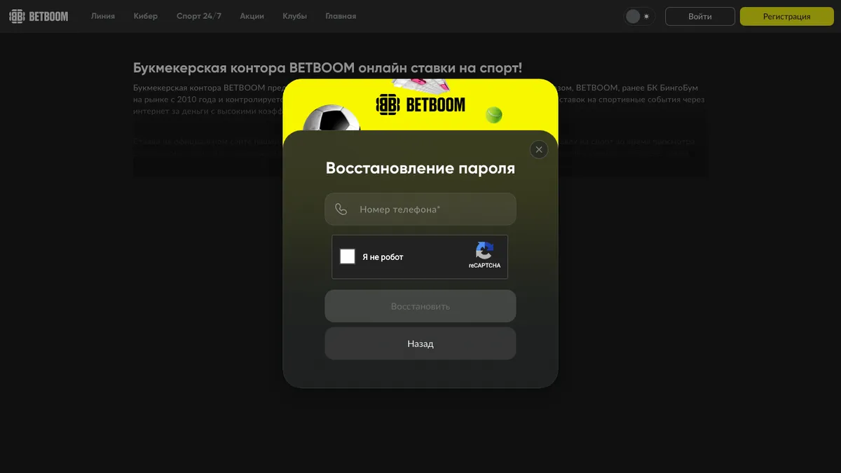 Форма восстановления пароля BetBoom