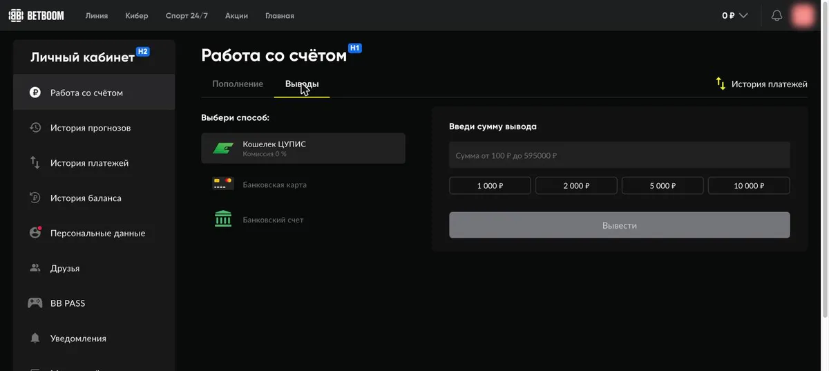Вкладка «Выводы» в BetBoom: Кошелек ЦУПИС, банковская карта и банковский счёт, сумма от 100 до 595 000 ₽