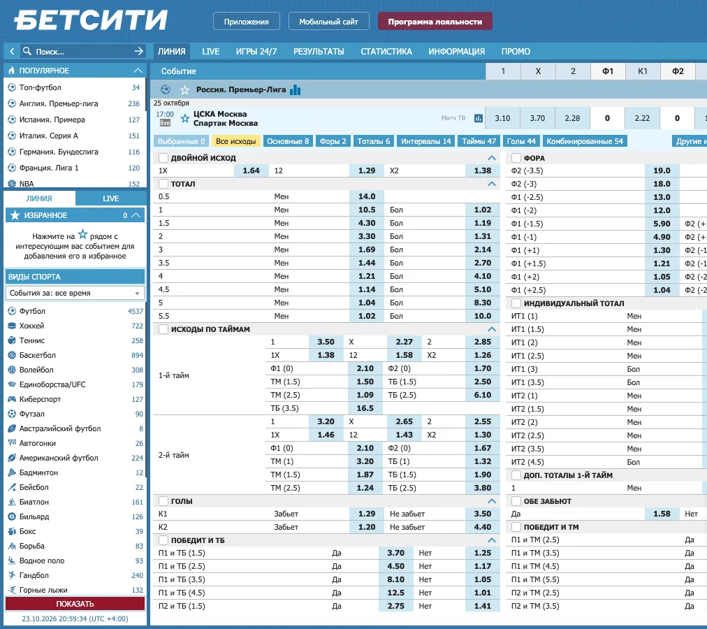 Роспись матча ЦСКА и Спартак в Бетсити: двойной исход, тоталы от 0.5 до 5.5, исходы по таймам, форы и индивидуальные тоталы