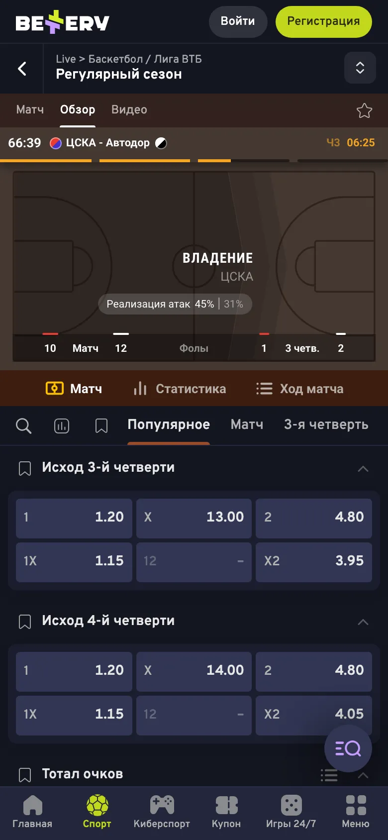 Вкладка «Обзор» на странице матча: анимация площадки, владение, фолы