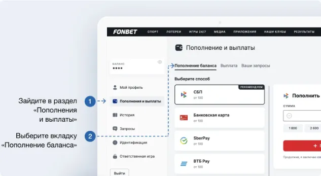 Раздел «Пополнение и выплаты» на сайте Фонбета: вкладка «Пополнение баланса» и список способов