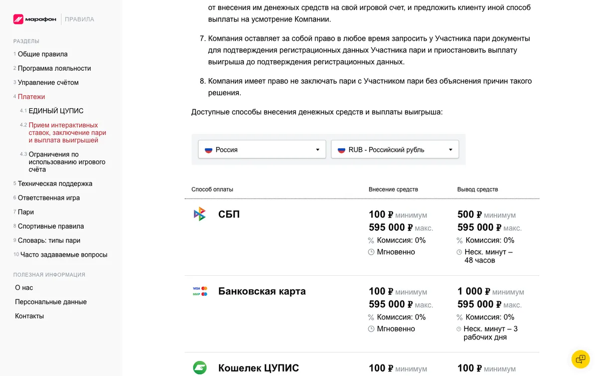 Таблица способов оплаты в правилах Марафона: СБП и банковская карта