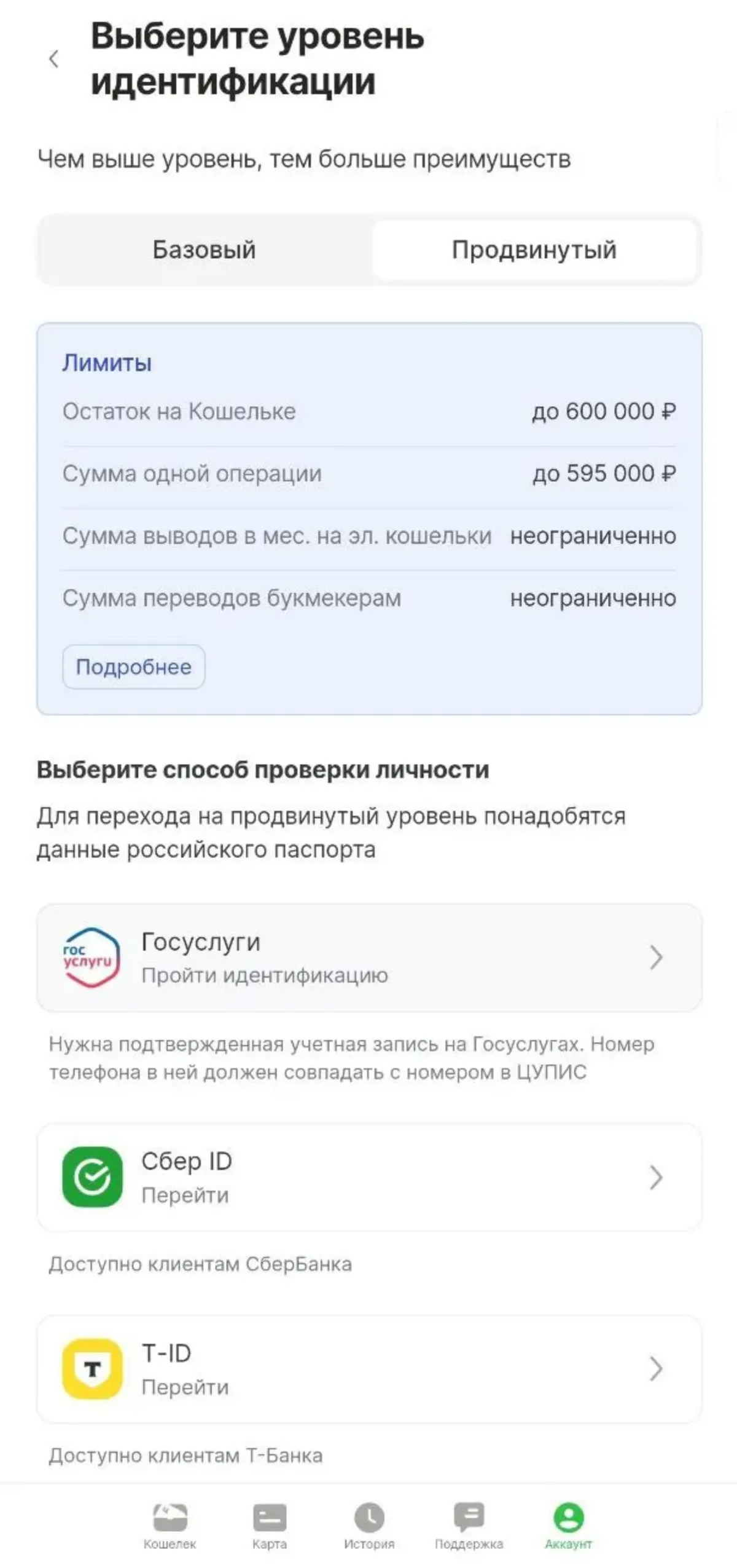 Выбор способа подтверждения личности в Кошельке ЕЦУПИС: Госуслуги, Сбер ID, T-ID